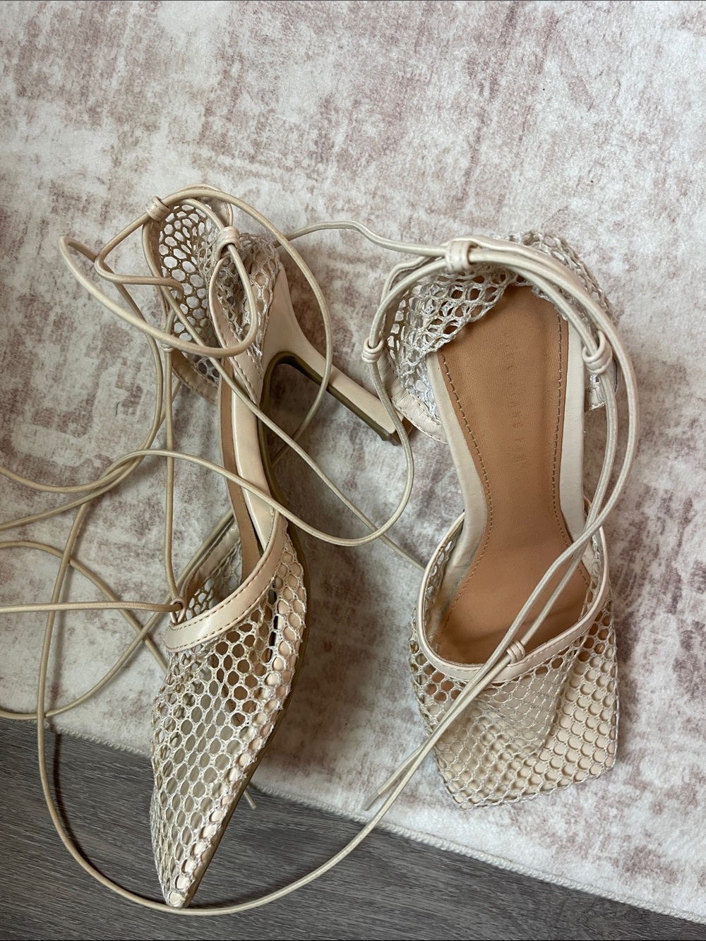 Women’s Lace-Up Mesh Pointed-Toe Heels in Cream